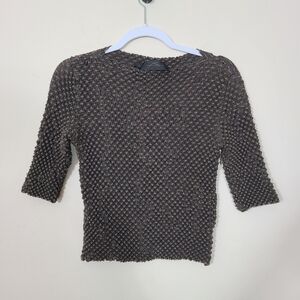 100% Extra Fine Merino‎ Wool Textured Brown Stretchy Knit 3/4 Sleeve Y2K Top